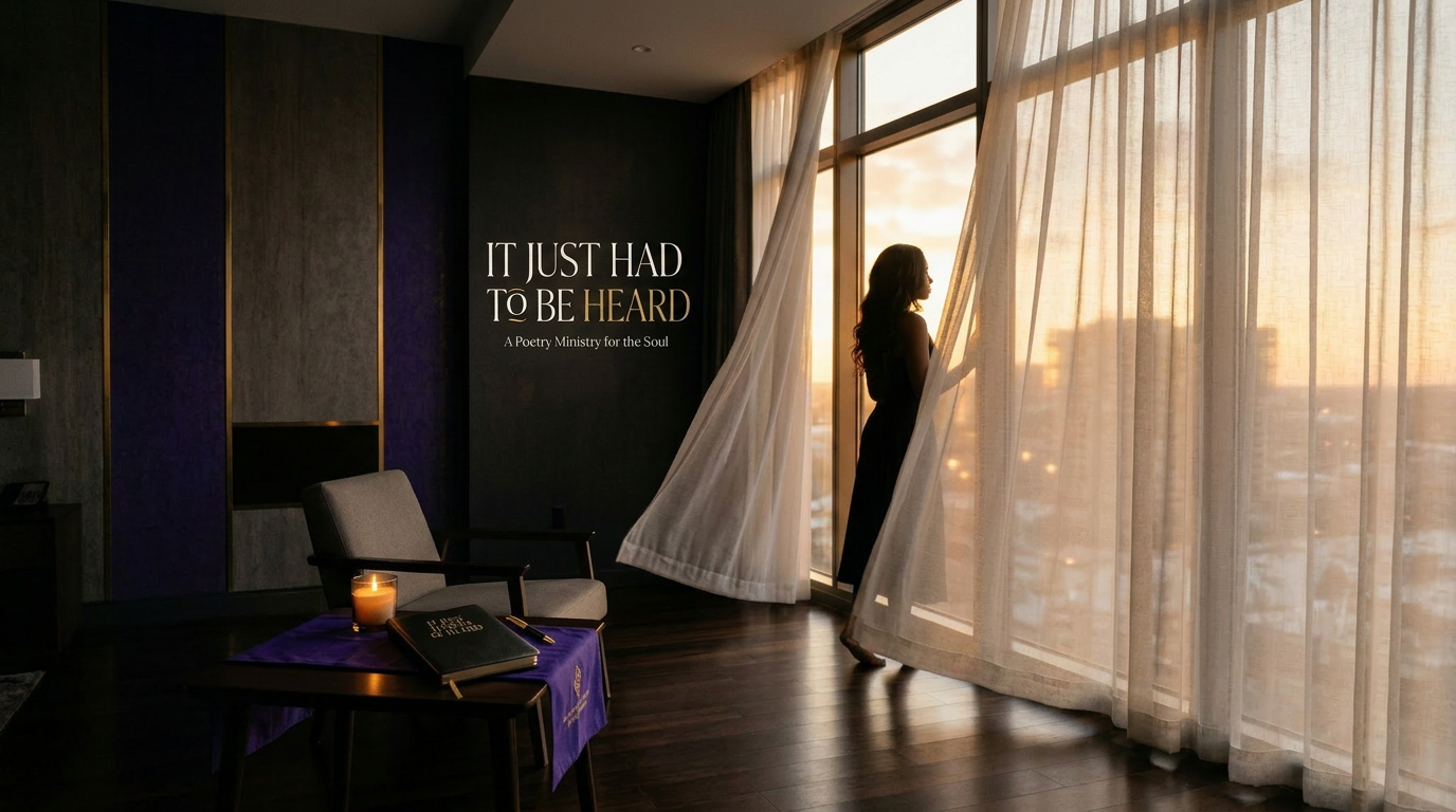 Wide cinematic background for I'm Still Here poetry featuring a woman at a window